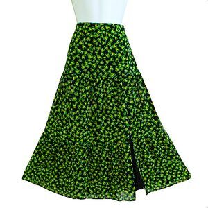 Rihoas Ditsy Floral Black Green Midi Skirt Thigh Slit Side Zip A Tiered Lined M